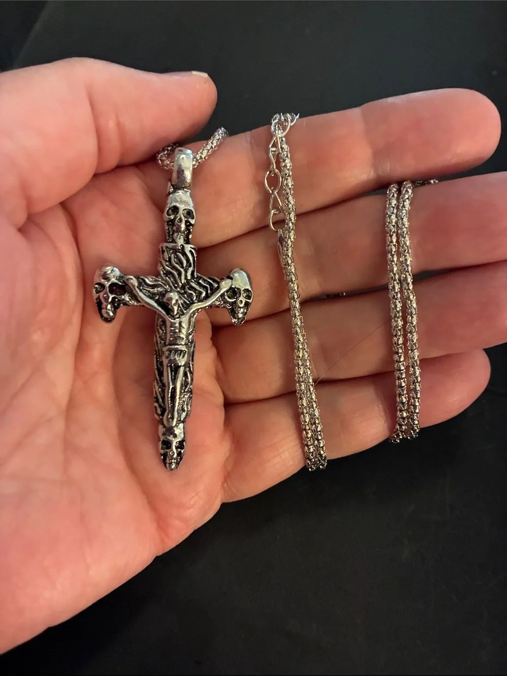 Silver Skull Cross Pendant Necklace - Men